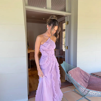 Liora Maxi Dress | Pleated Halter Neck, Long Purple Dress for Women 1