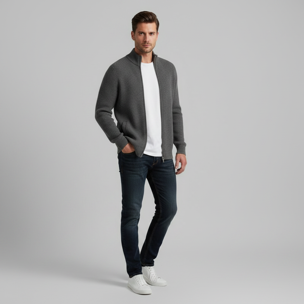 Men's Slim Fit Zip Cardigan | Stylish Ribbed Knit Sweater