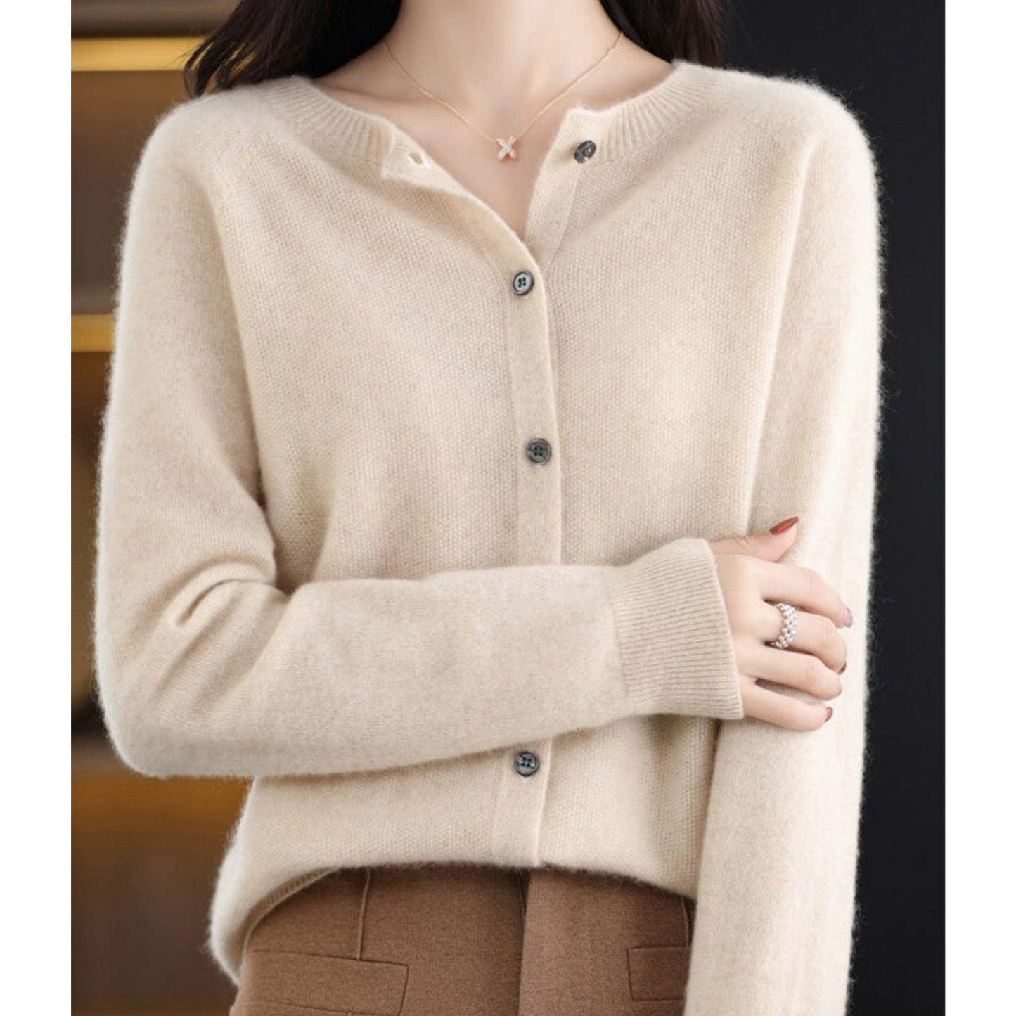 Mira Women's Cardigan | Merino Wool Cashmere Blend, Round Neck, Black 10