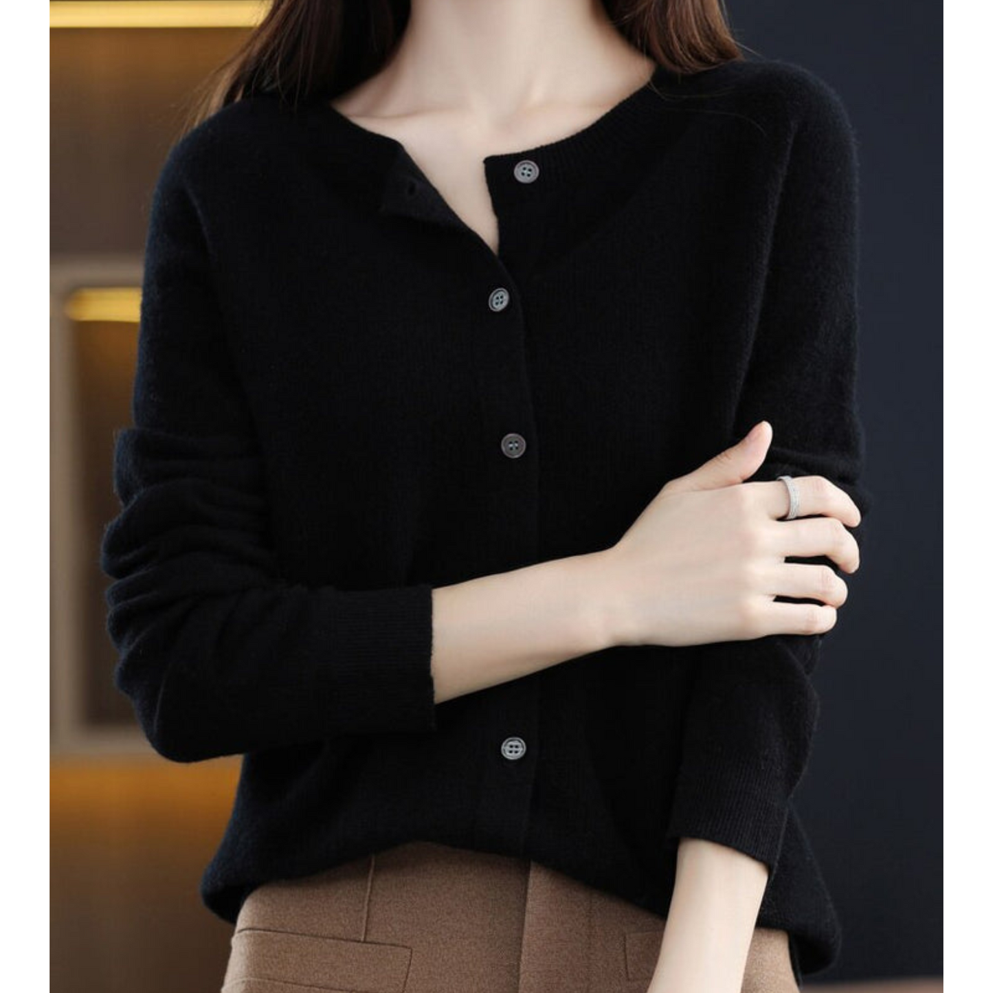 Mira Women's Cardigan | Merino Wool Cashmere Blend, Round Neck, Black 5