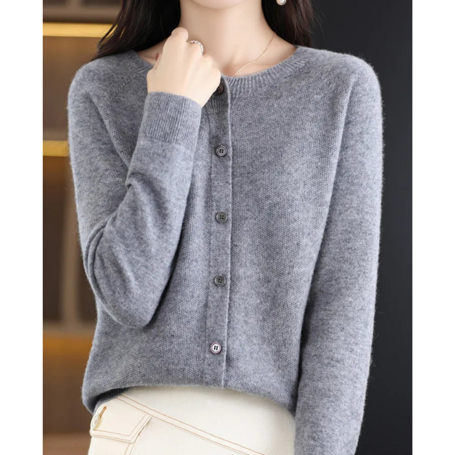 Mira Women's Cardigan | Merino Wool Cashmere Blend, Round Neck, Black 6