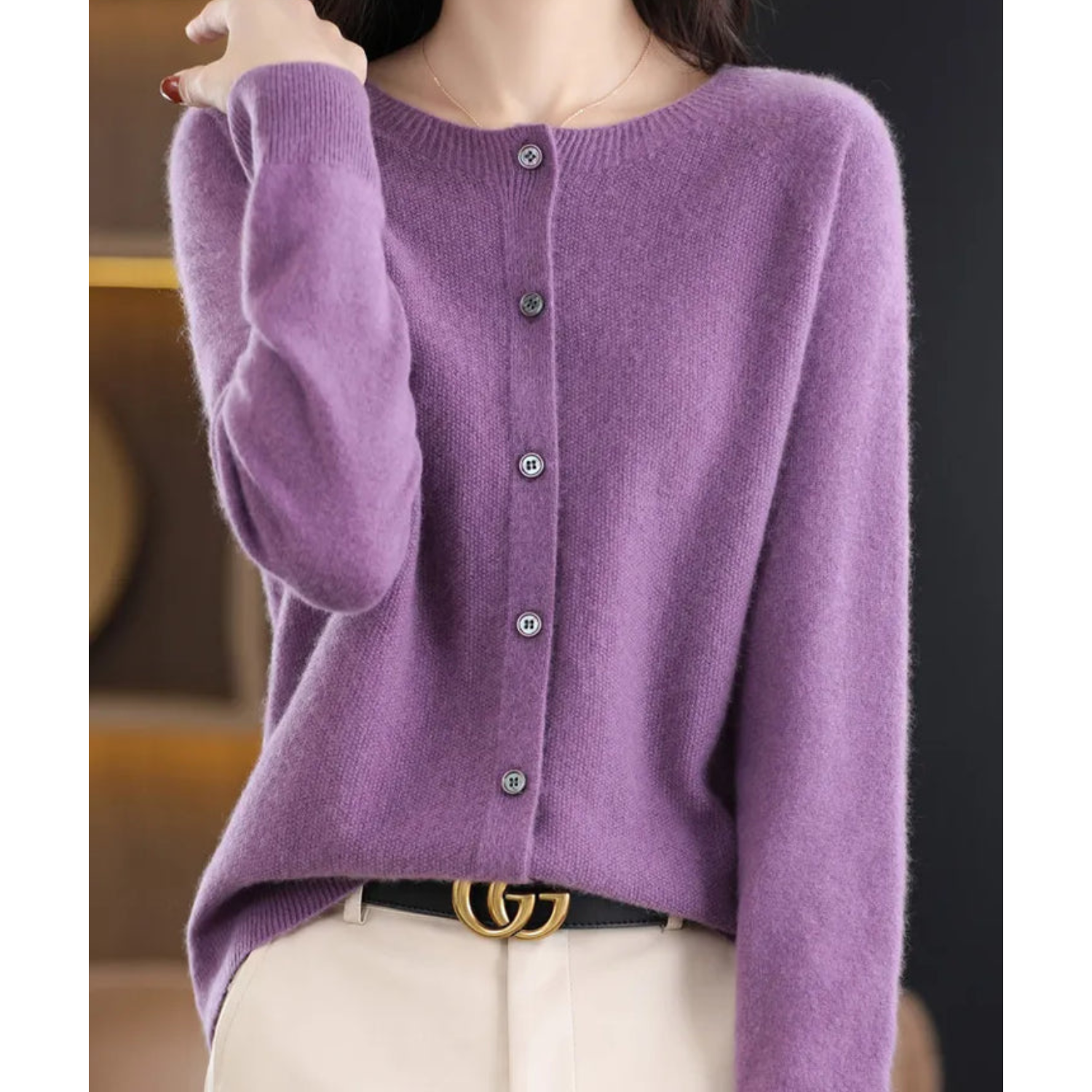 Mira Women's Cardigan | Merino Wool Cashmere Blend, Round Neck, Black 8