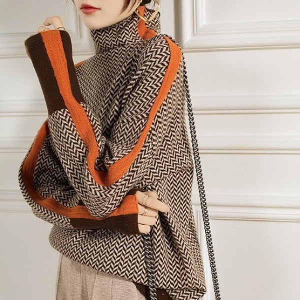 Penny Turtleneck Sweater | Heathered Cotton-Polyester Blend, Contrast Stripe 3